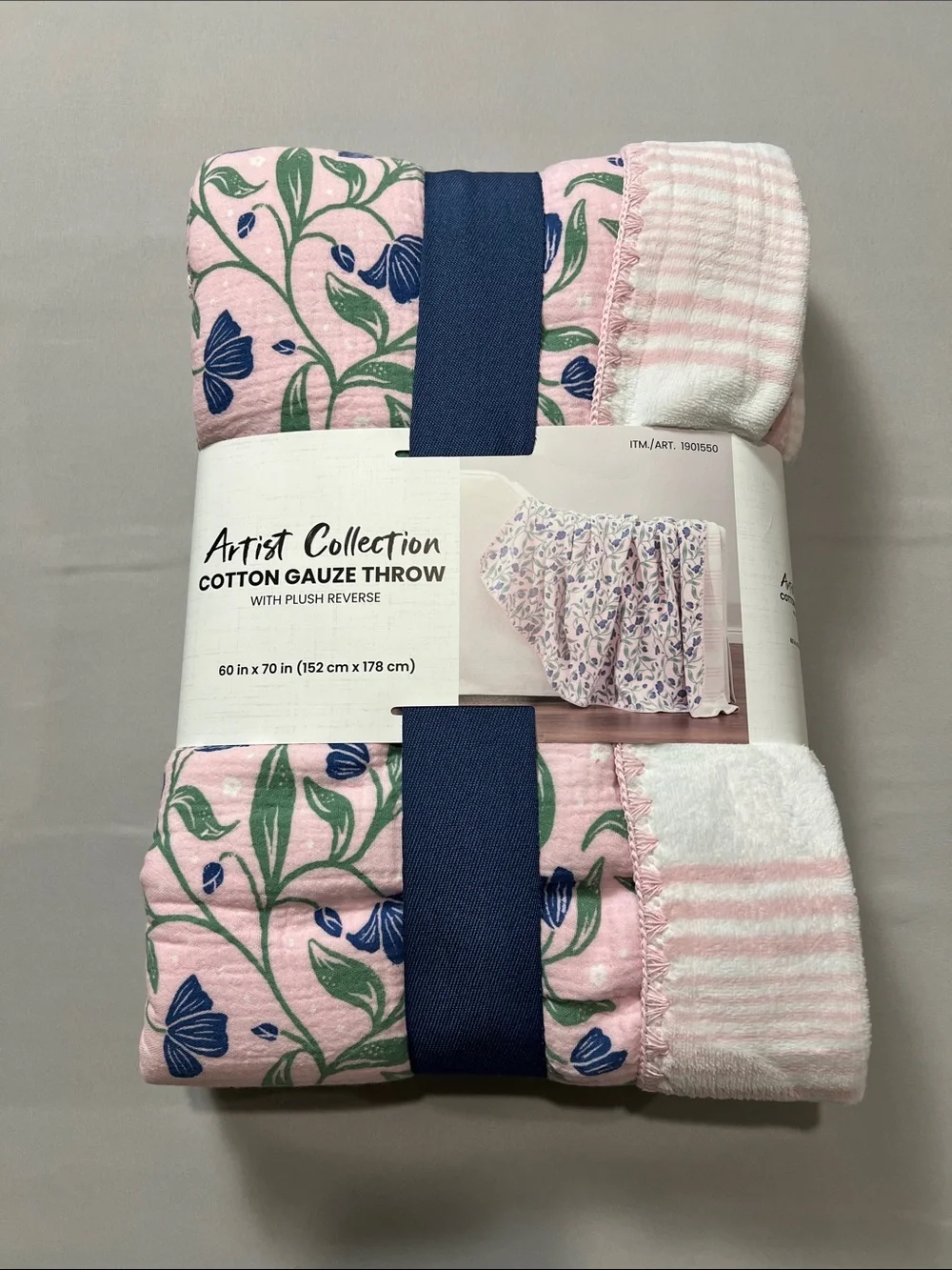 Pink Floral Cotton Gauze Throw with Plush Reverse